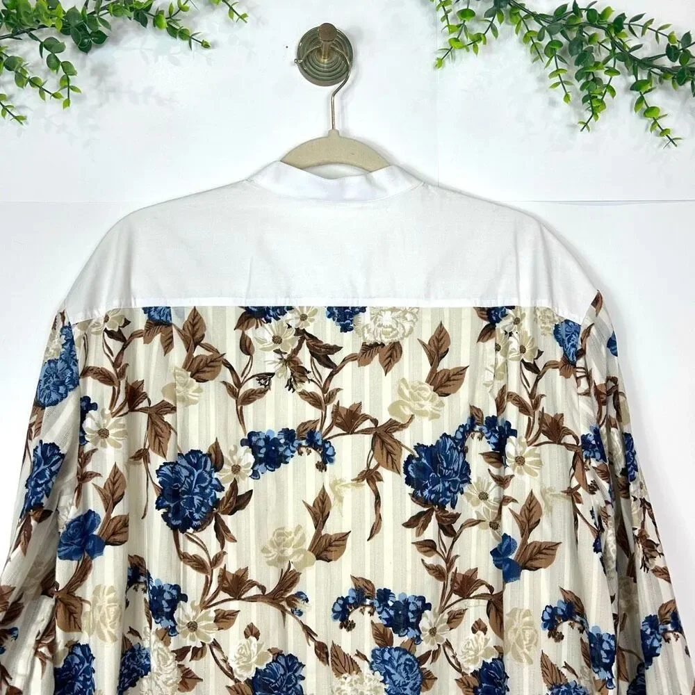 Tory Burch Dress XL Floral Tunic Midi Shirtdress Round Neck Long Sleeve Toile